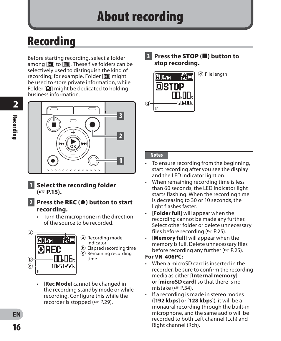About recording, Recording | Olympus VN-405PC User Manual | Page 16 / 45