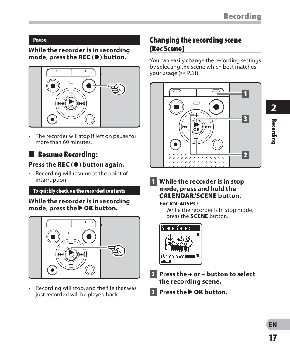 Recording, 4 resume recording, Changing the recording scene [rec scene | Olympus VN-405PC User Manual | Page 17 / 45