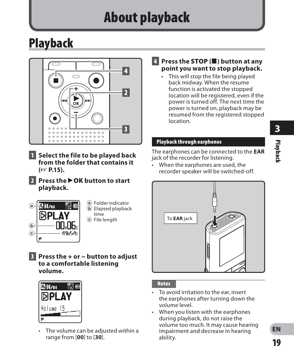About playback, Playback | Olympus VN-405PC User Manual | Page 19 / 45