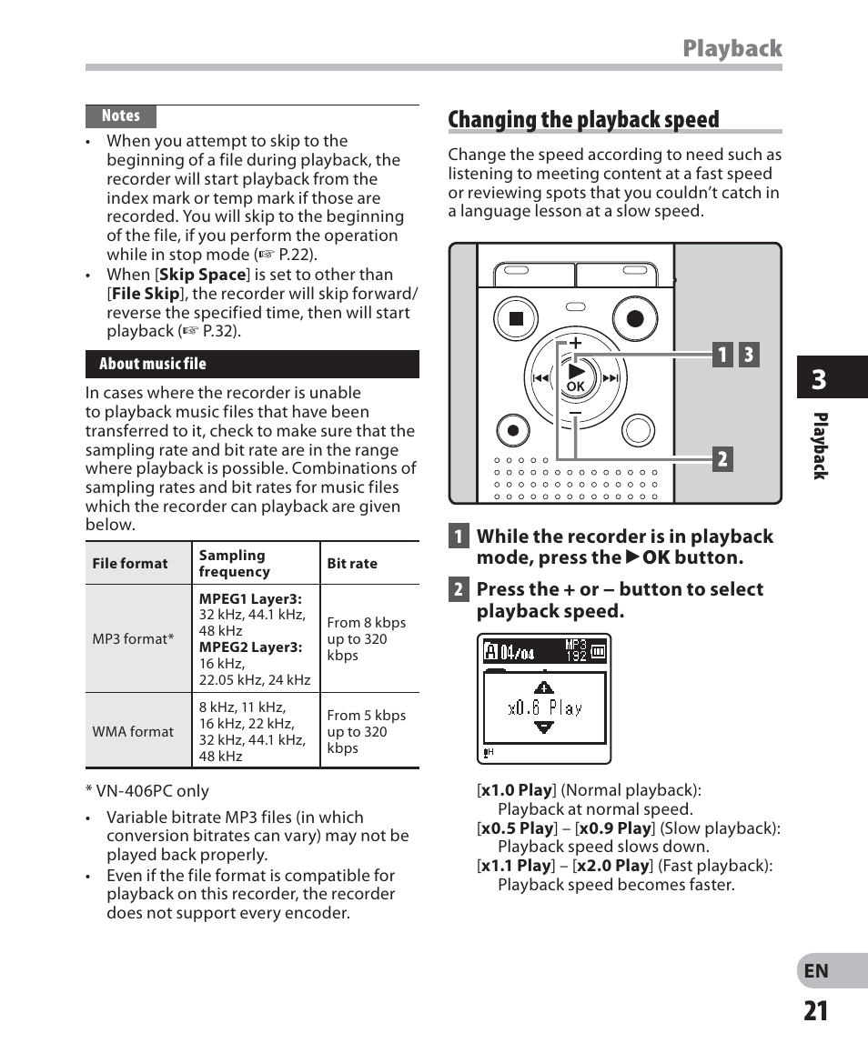 Playback, Changing the playback speed | Olympus VN-405PC User Manual | Page 21 / 45