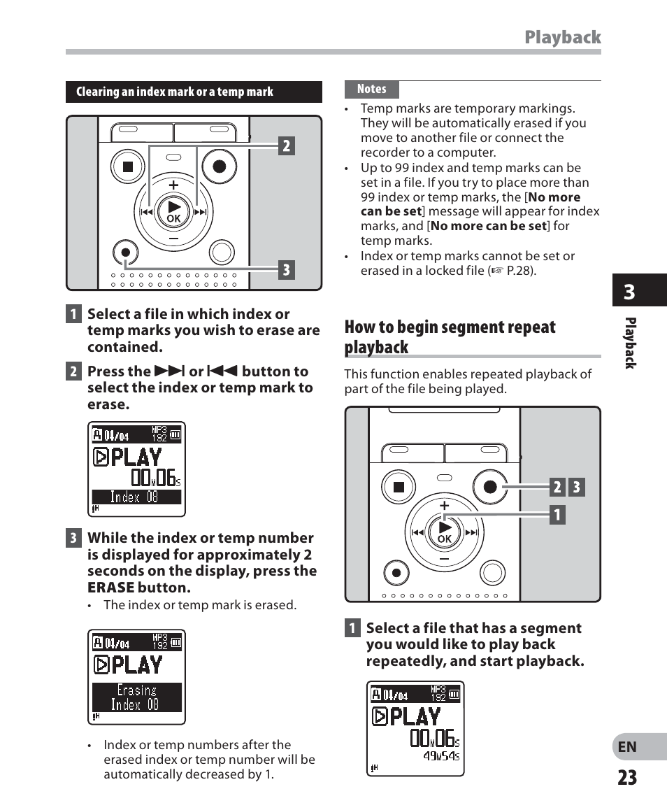 Playback, How to begin segment repeat playback | Olympus VN-405PC User Manual | Page 23 / 45