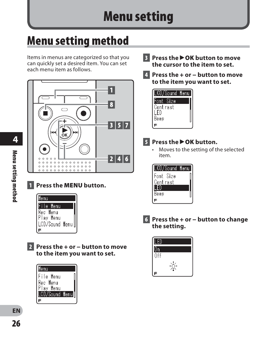 Menu setting, Menu setting method | Olympus VN-405PC User Manual | Page 26 / 45