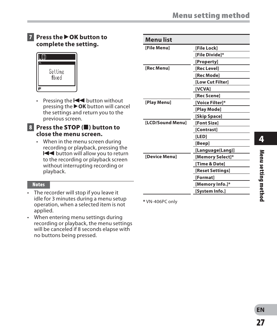 Menu setting method | Olympus VN-405PC User Manual | Page 27 / 45