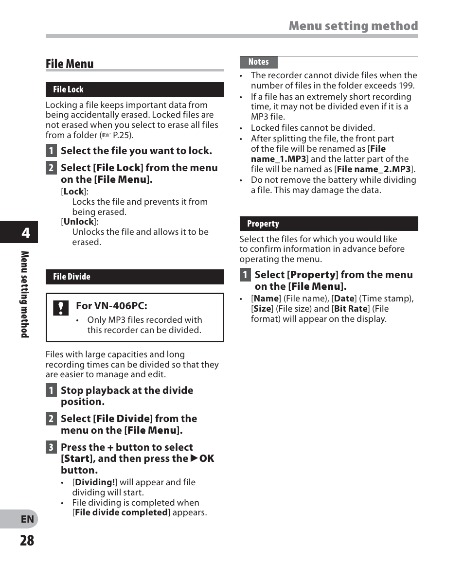 Menu setting method, File menu | Olympus VN-405PC User Manual | Page 28 / 45