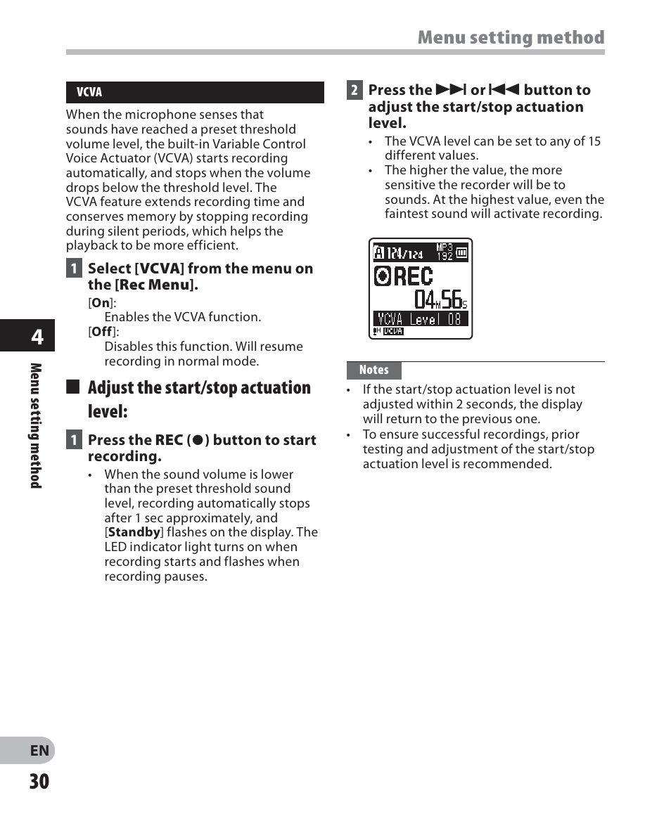 Menu setting method, 4 adjust the start/stop actuation level | Olympus VN-405PC User Manual | Page 30 / 45
