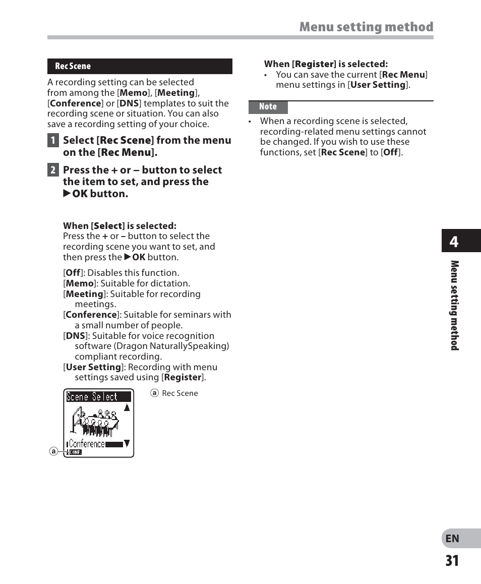 Menu setting method | Olympus VN-405PC User Manual | Page 31 / 45