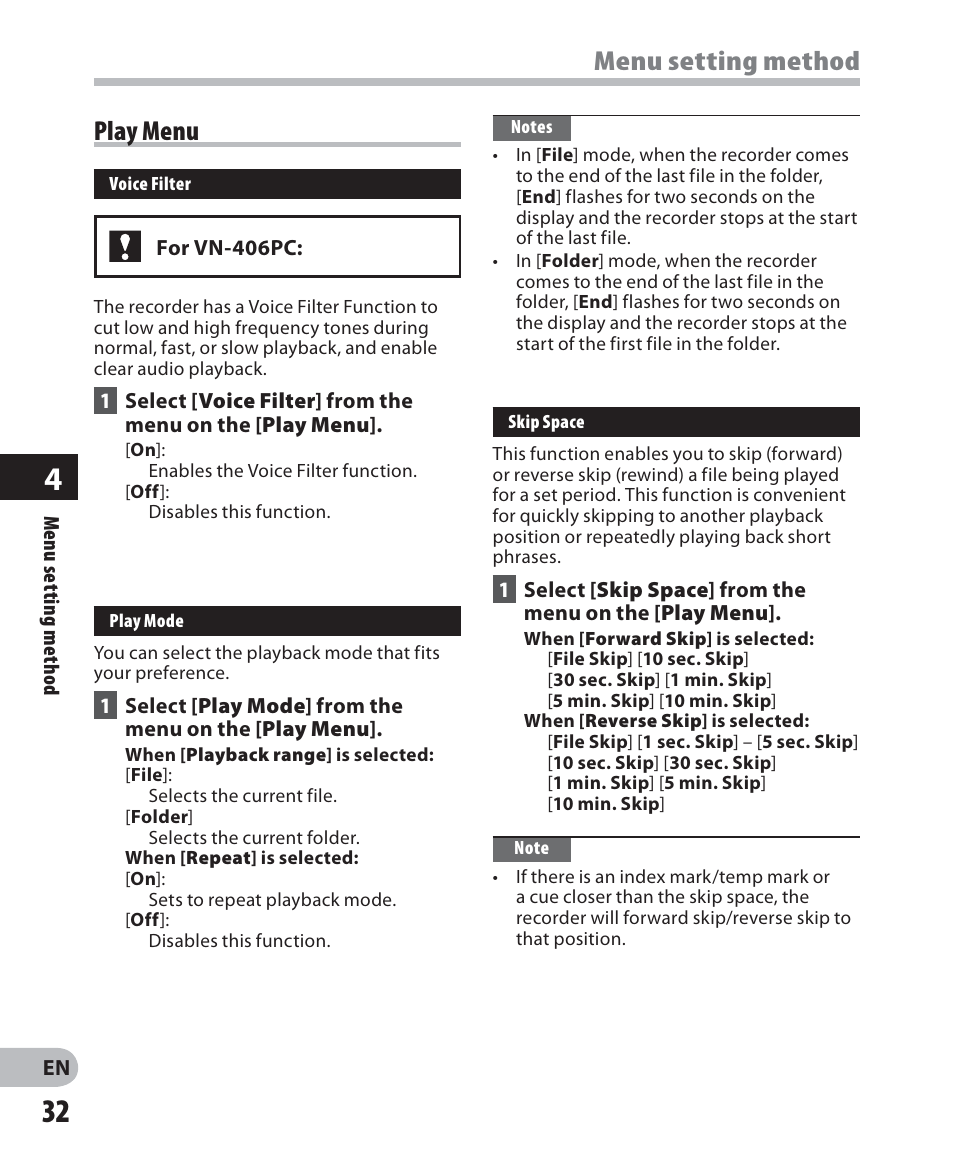 Menu setting method, Play menu | Olympus VN-405PC User Manual | Page 32 / 45