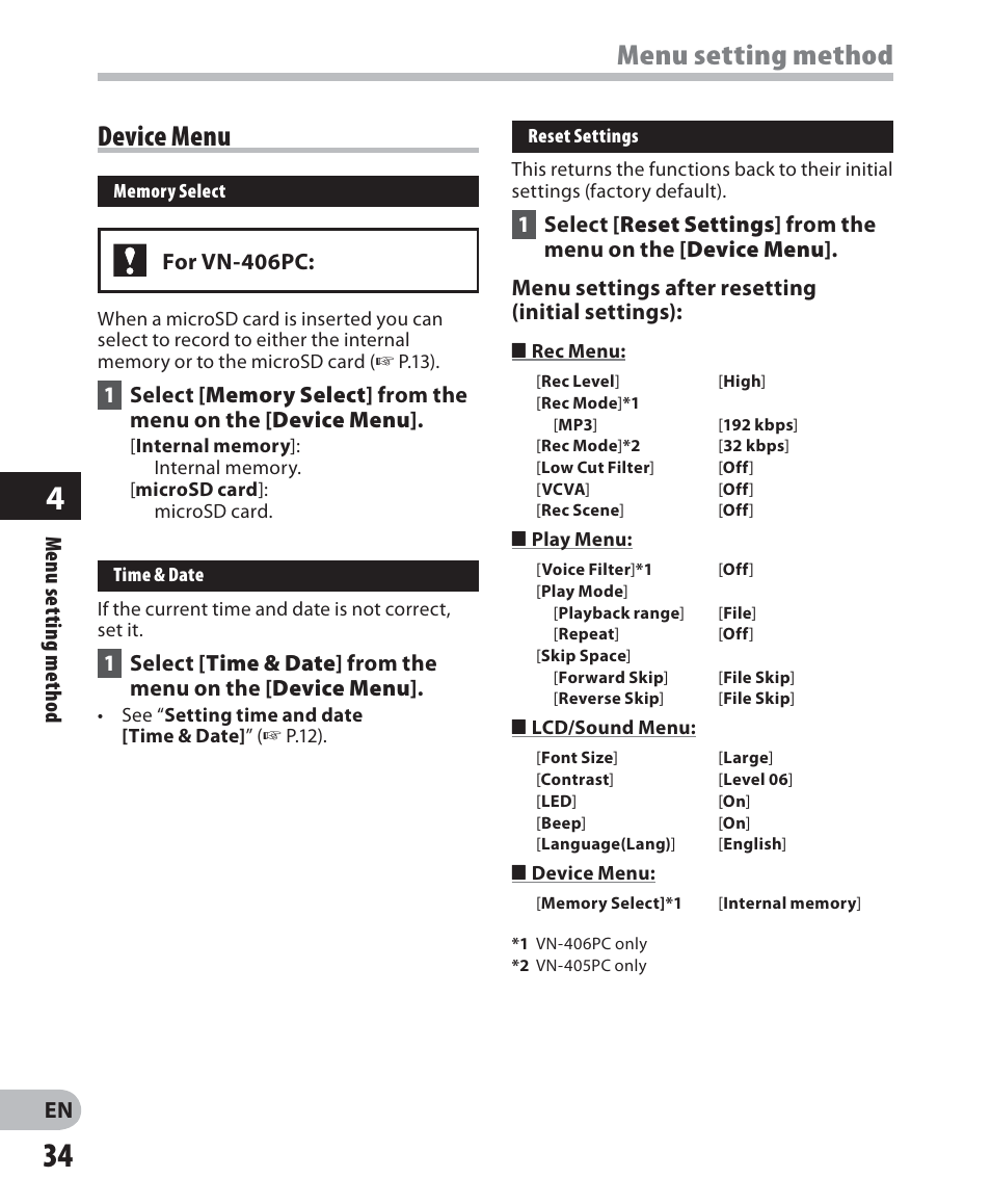 Menu setting method, Device menu | Olympus VN-405PC User Manual | Page 34 / 45