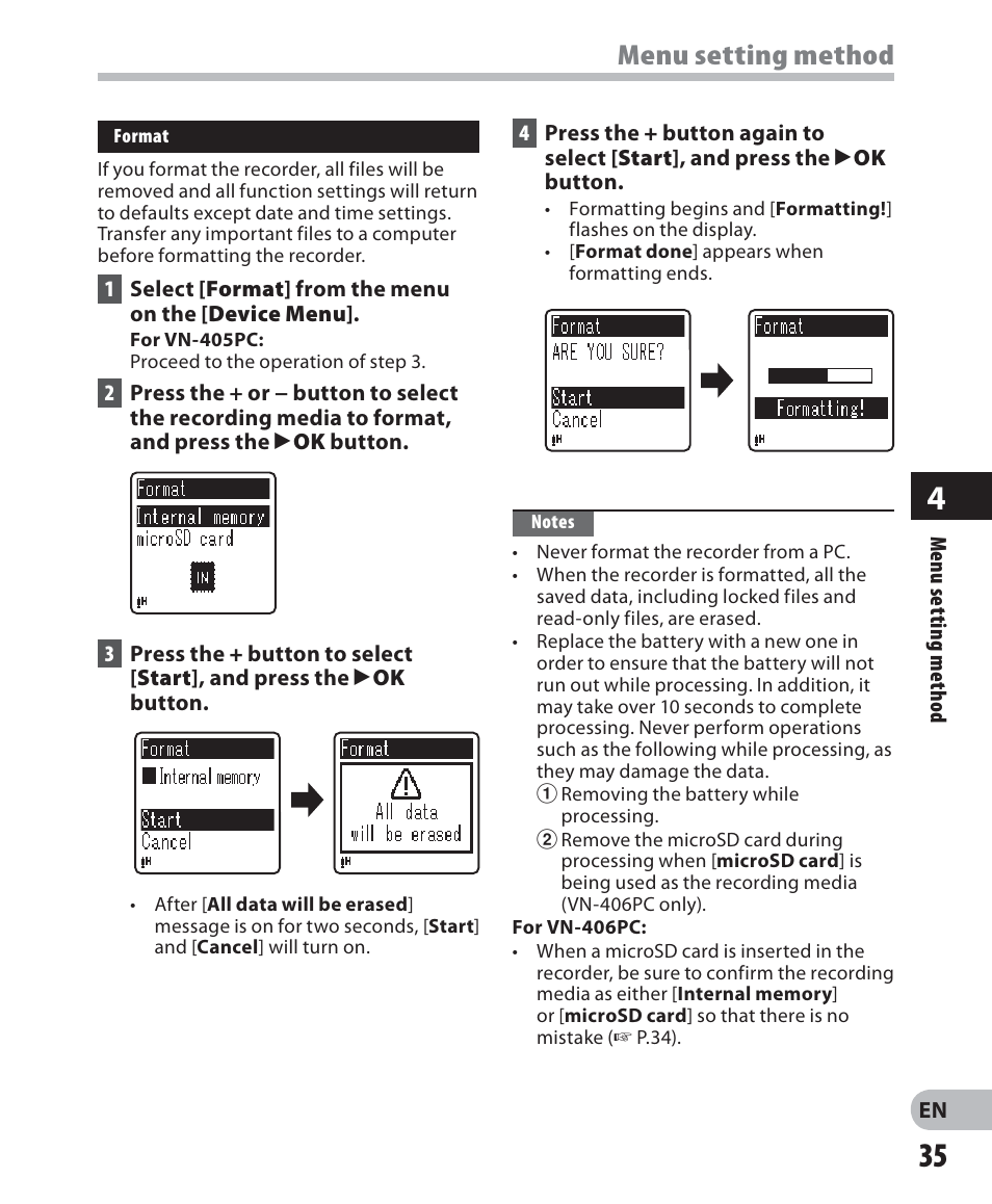 Menu setting method | Olympus VN-405PC User Manual | Page 35 / 45