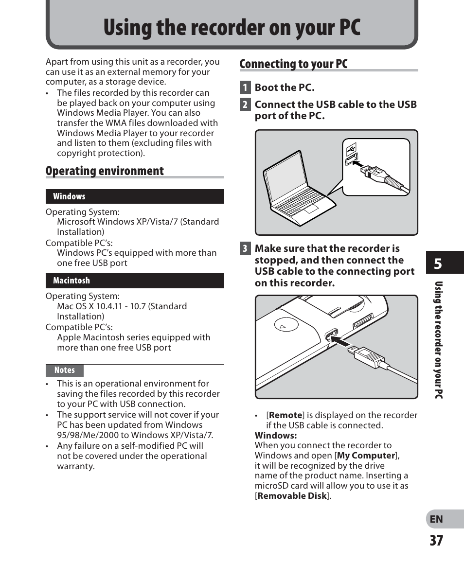 Using the recorder on your pc, Operating environment, Connecting to your pc | Olympus VN-405PC User Manual | Page 37 / 45