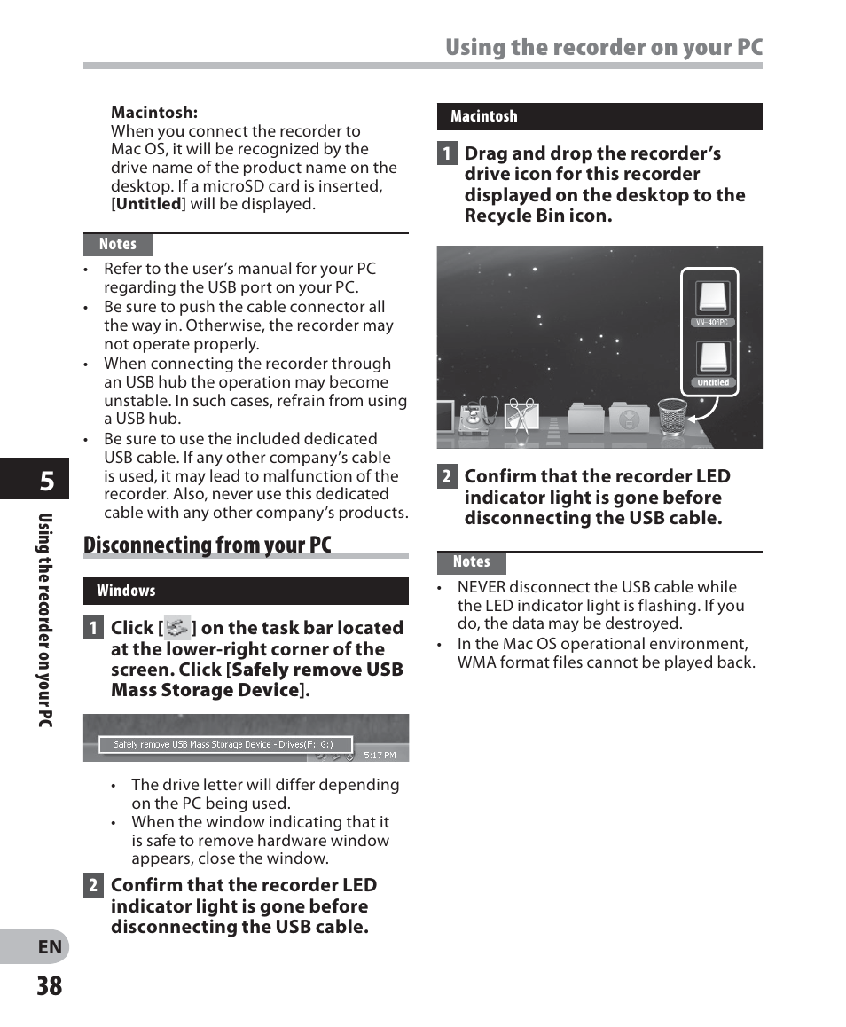 Using the recorder on your pc, Disconnecting from your pc | Olympus VN-405PC User Manual | Page 38 / 45