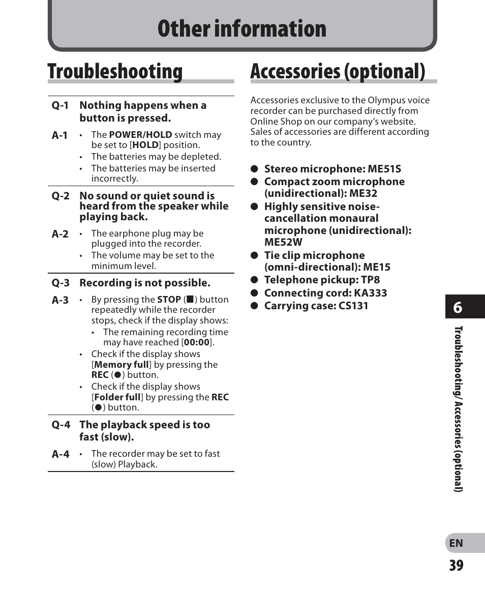 Other information, Troubleshooting accessories (optional) | Olympus VN-405PC User Manual | Page 39 / 45