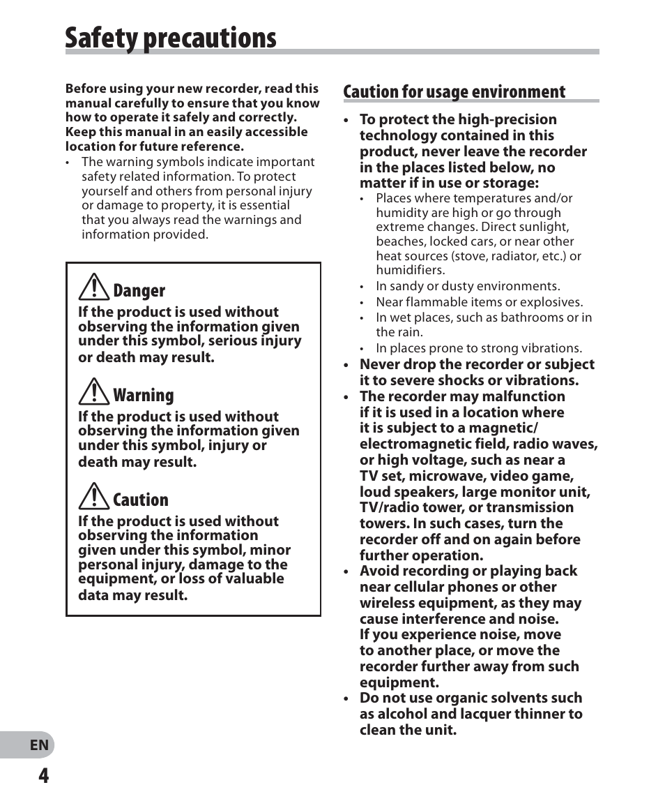 Safety precautions, F danger, F warning | F caution, Caution for usage environment | Olympus VN-405PC User Manual | Page 4 / 45