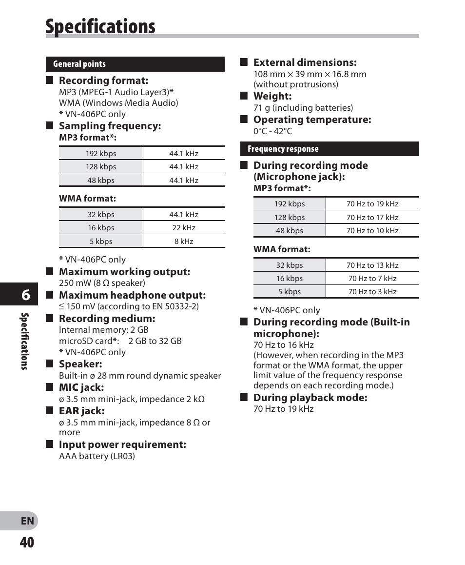 Specifications | Olympus VN-405PC User Manual | Page 40 / 45