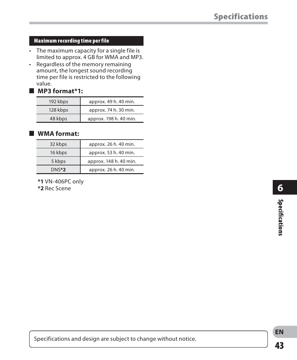 Specifications | Olympus VN-405PC User Manual | Page 43 / 45
