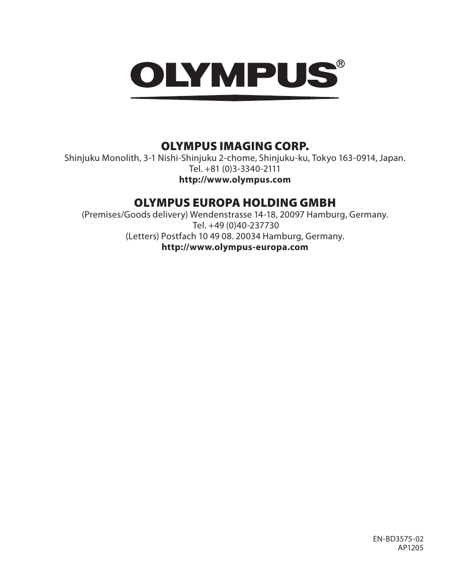 Olympus imaging corp, Olympus europa holding gmbh | Olympus VN-405PC User Manual | Page 45 / 45