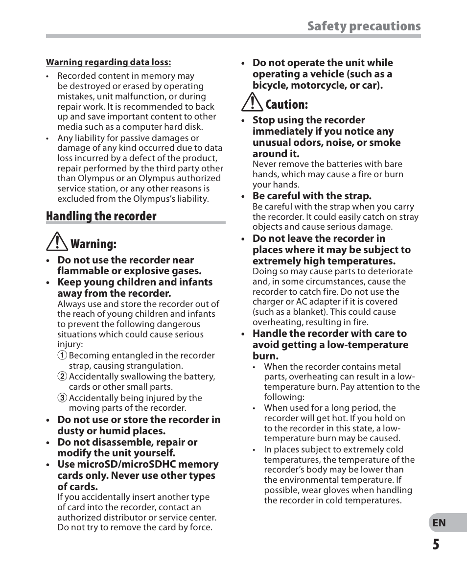 Safety precautions, Handling the recorder f warning, F caution | Olympus VN-405PC User Manual | Page 5 / 45