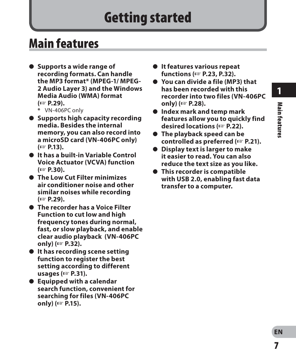 Getting started, Main features | Olympus VN-405PC User Manual | Page 7 / 45