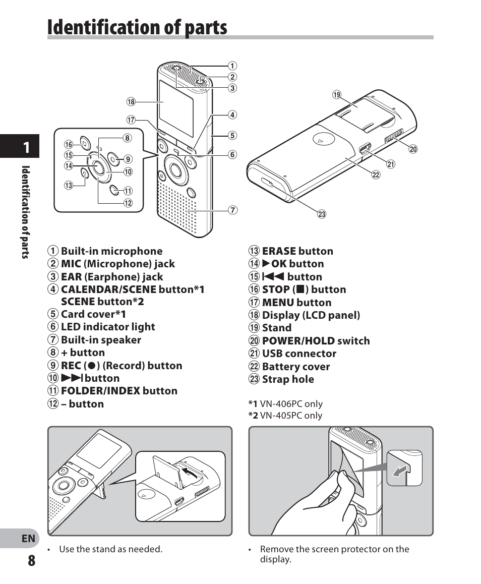 Identification of parts | Olympus VN-405PC User Manual | Page 8 / 45