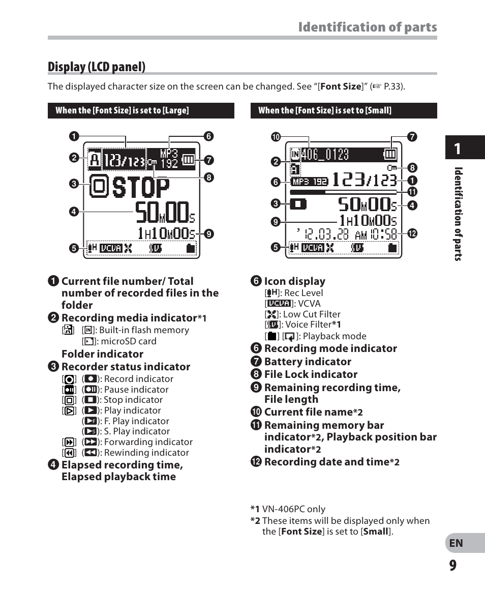 Identification of parts display (lcd panel) | Olympus VN-405PC User Manual | Page 9 / 45