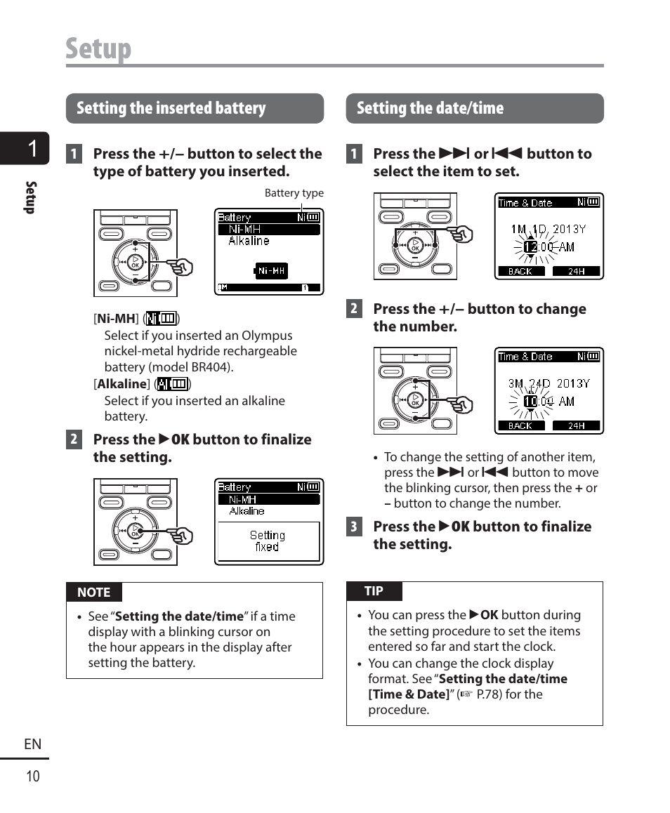 Setup, Setting the inserted battery, Setting the date/time | Olympus WS833 User Manual | Page 10 / 118