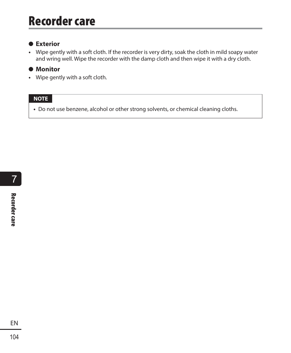 Recorder care | Olympus WS833 User Manual | Page 104 / 118