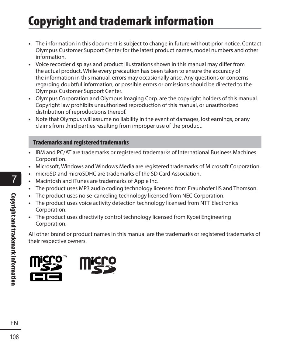 Copyright and trademark information | Olympus WS833 User Manual | Page 106 / 118