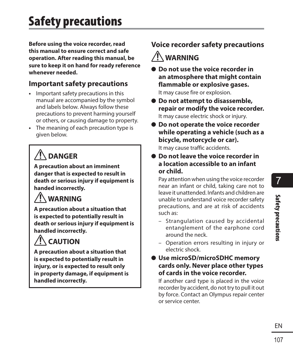 Safety precautions | Olympus WS833 User Manual | Page 107 / 118