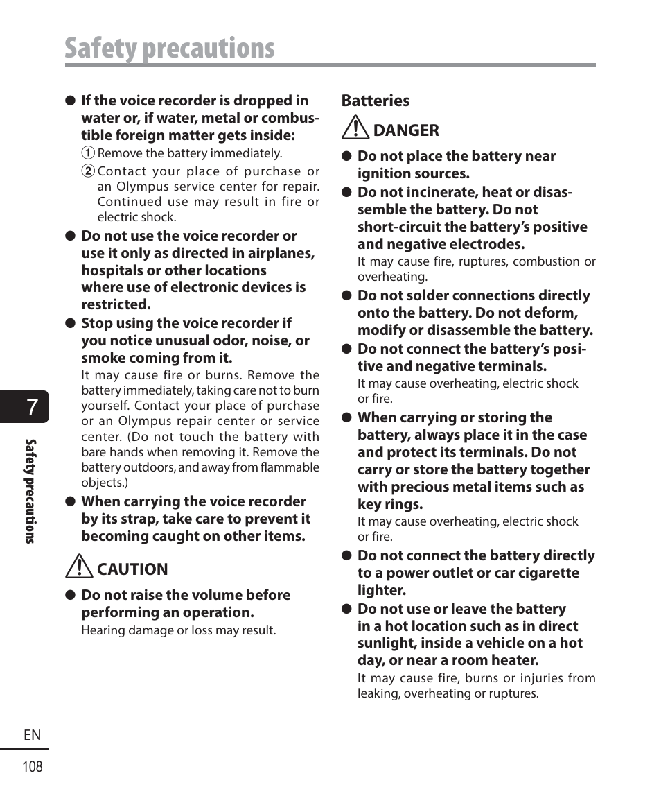 Safety precautions | Olympus WS833 User Manual | Page 108 / 118