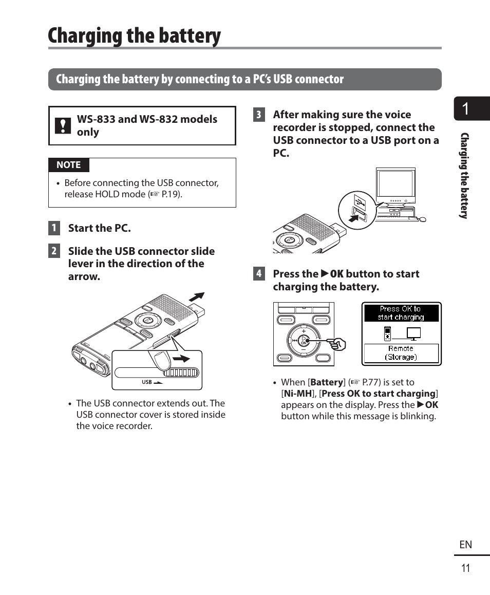 Charging the battery | Olympus WS833 User Manual | Page 11 / 118