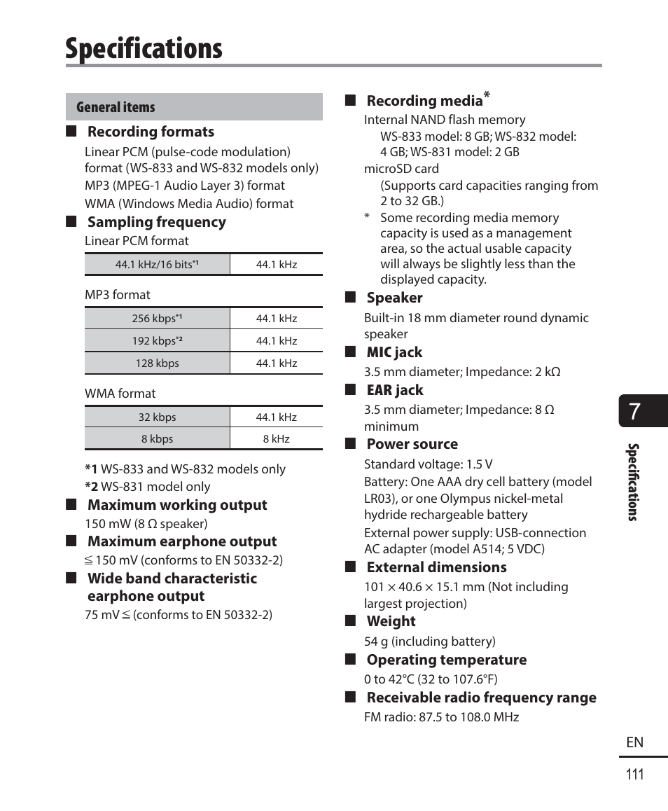 Specifications | Olympus WS833 User Manual | Page 111 / 118