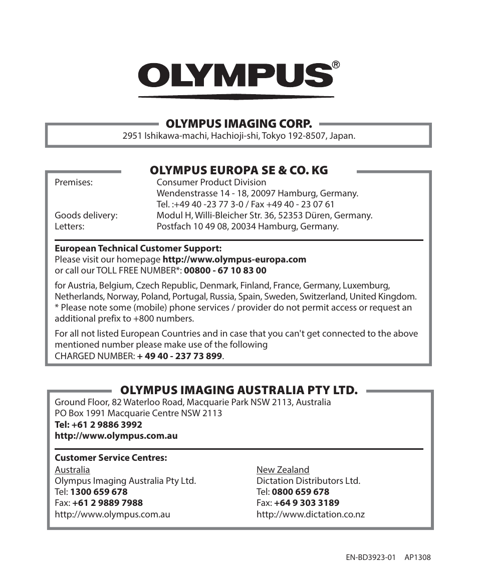 Olympus imaging corp, Olympus europa se & co. kg, Olympus imaging australia pty ltd | Olympus WS833 User Manual | Page 118 / 118