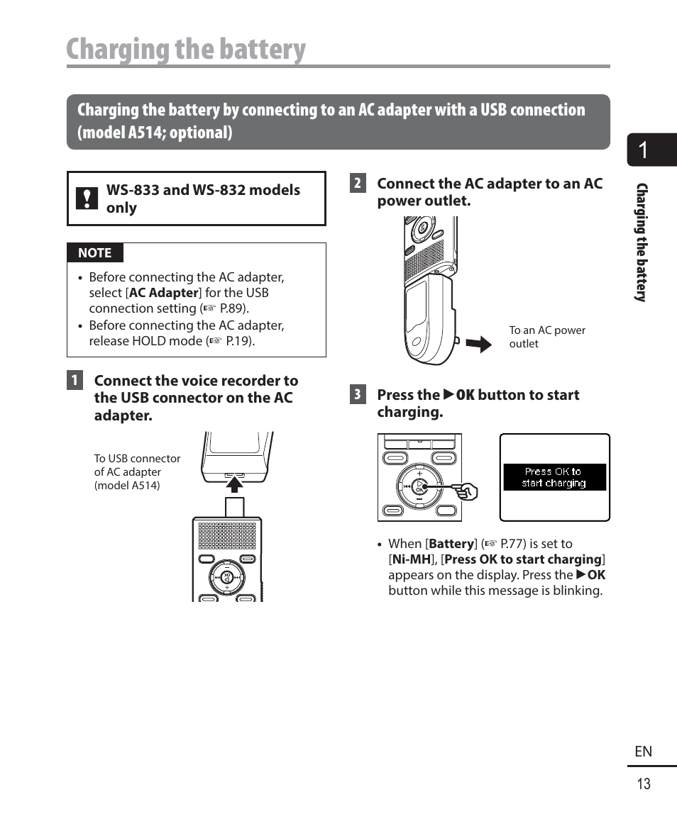 Charging the battery | Olympus WS833 User Manual | Page 13 / 118