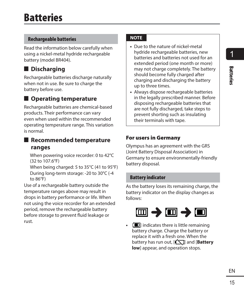 Batteries | Olympus WS833 User Manual | Page 15 / 118