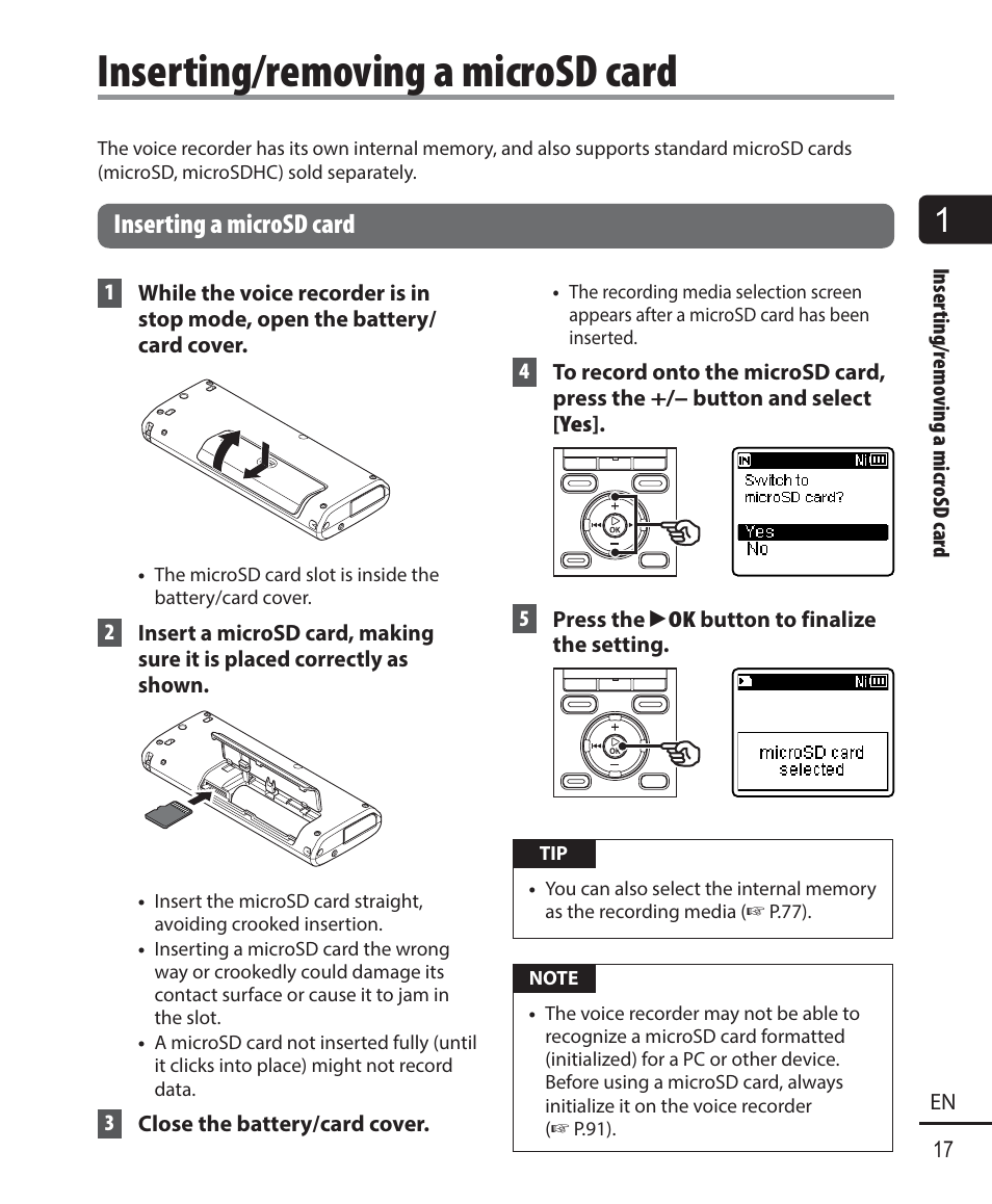 Inserting/removing a microsd card, Inserting a microsd card | Olympus WS833 User Manual | Page 17 / 118