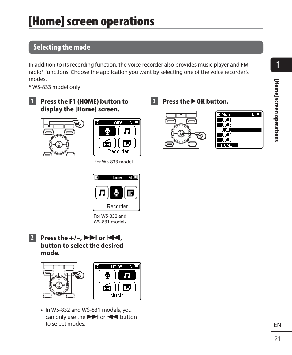 Home] screen operations, Selecting the mode | Olympus WS833 User Manual | Page 21 / 118