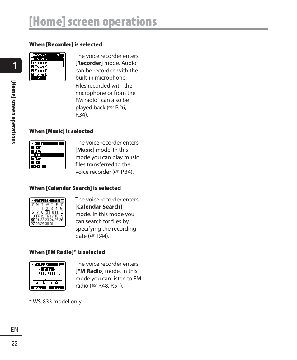 Home] screen operations | Olympus WS833 User Manual | Page 22 / 118