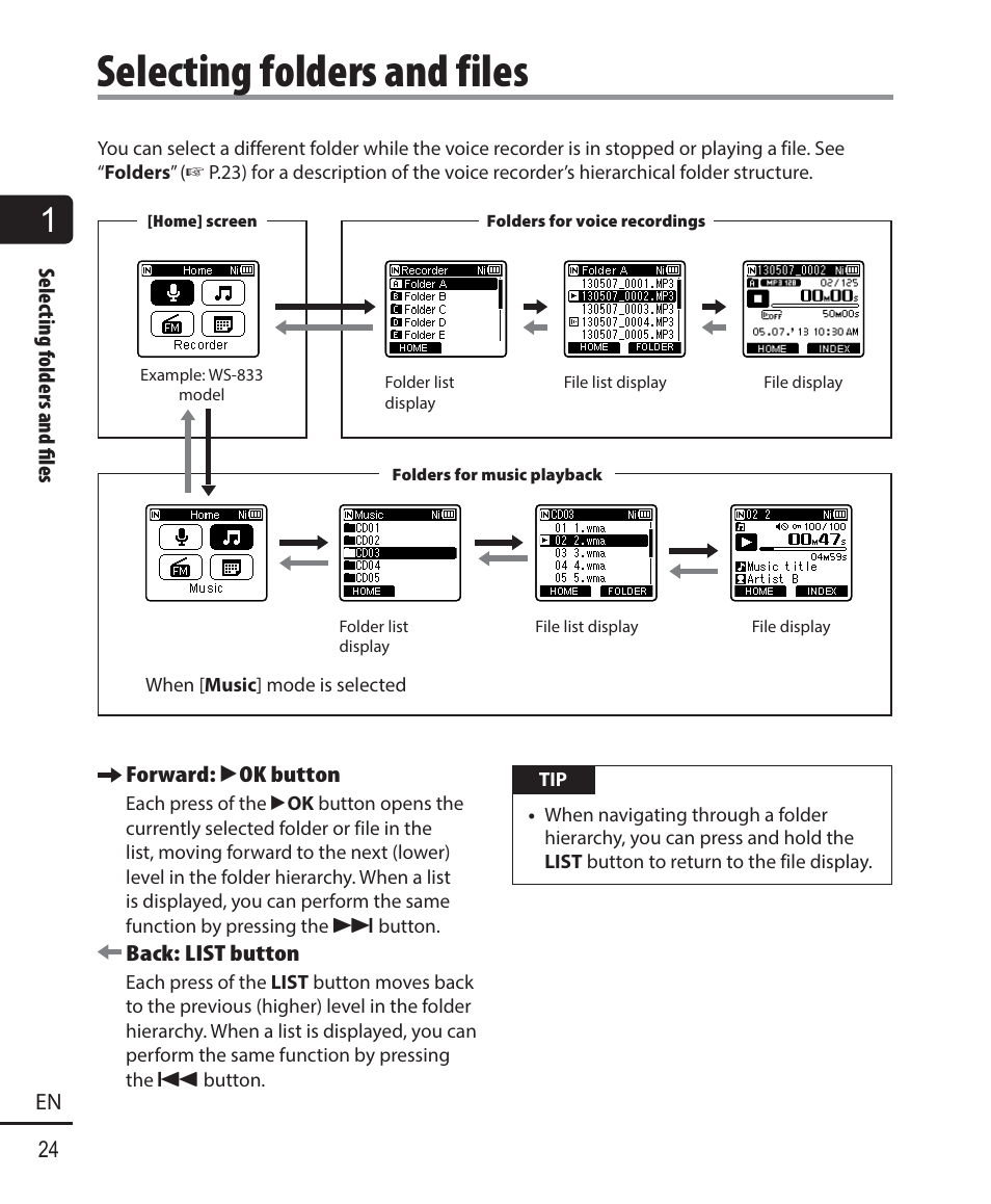 Selecting folders and files | Olympus WS833 User Manual | Page 24 / 118