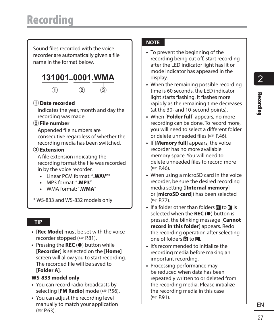 Recording | Olympus WS833 User Manual | Page 27 / 118