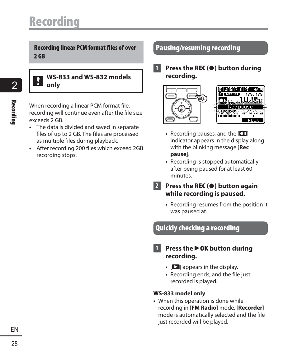 Recording, Pausing/resuming recording, Quickly checking a recording | Olympus WS833 User Manual | Page 28 / 118