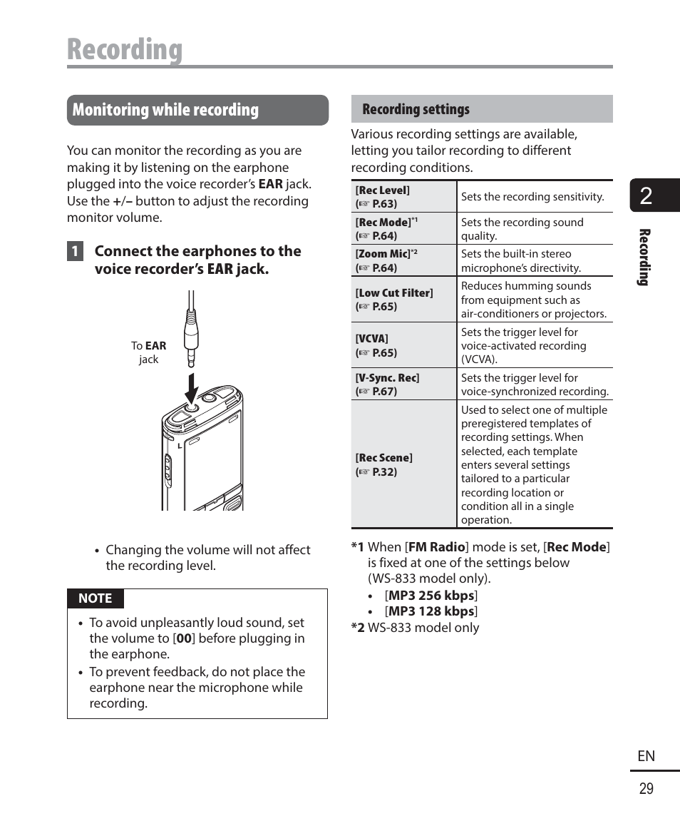 Recording, Monitoring while recording | Olympus WS833 User Manual | Page 29 / 118