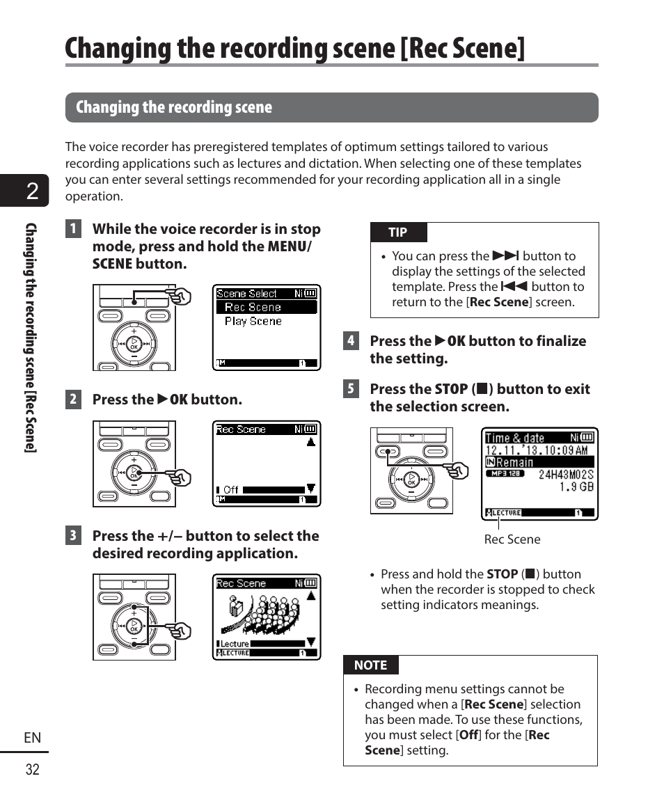 Changing the recording scene [rec scene, Changing the recording scene | Olympus WS833 User Manual | Page 32 / 118