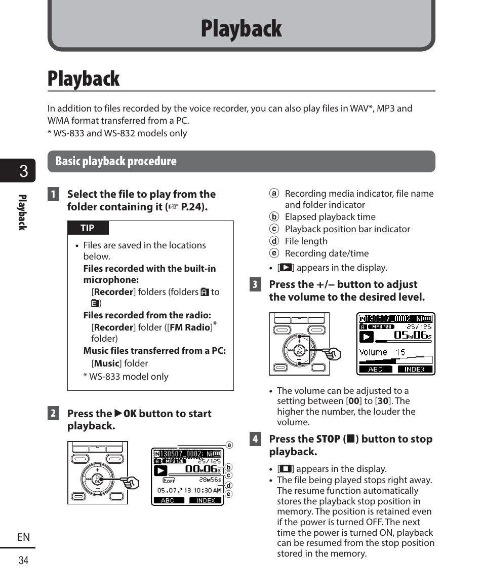 Playback, Basic playback procedure | Olympus WS833 User Manual | Page 34 / 118