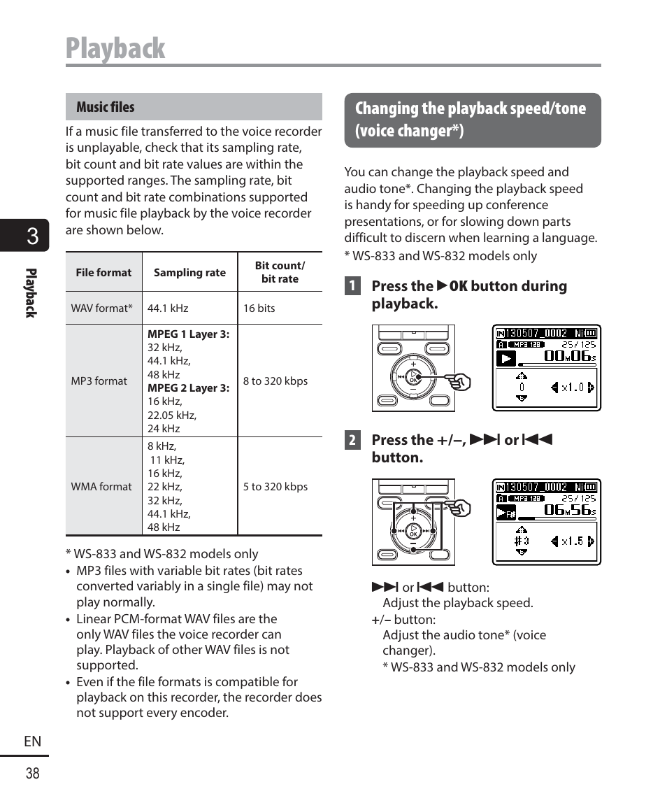 Playback, Changing the playback speed/tone (voice changer*) | Olympus WS833 User Manual | Page 38 / 118