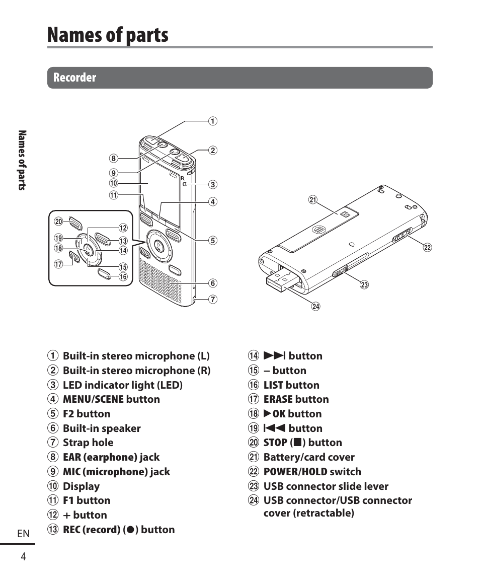 Names of parts, Recorder | Olympus WS833 User Manual | Page 4 / 118