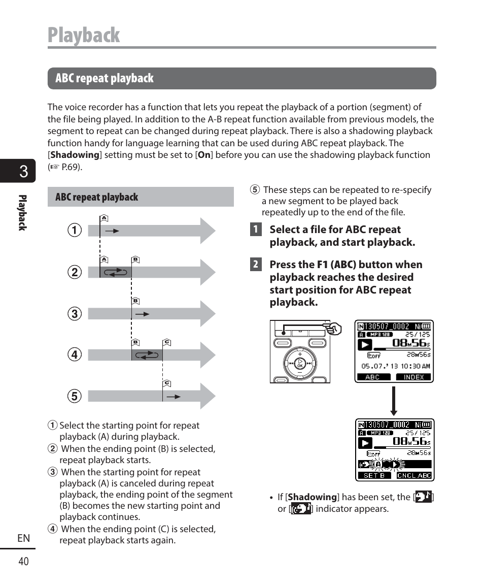 Playback, Abc repeat playback | Olympus WS833 User Manual | Page 40 / 118