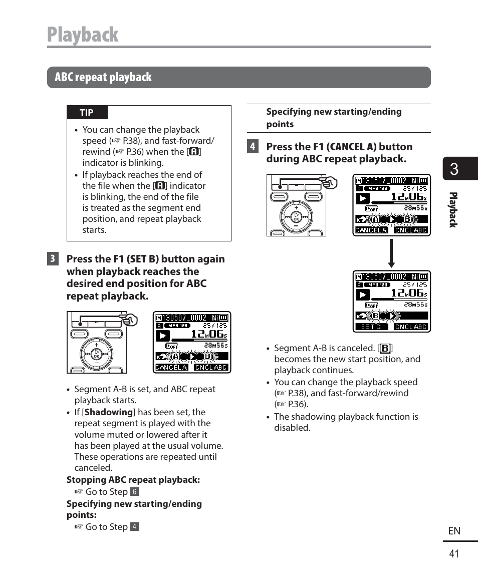 Playback, Abc repeat playback | Olympus WS833 User Manual | Page 41 / 118