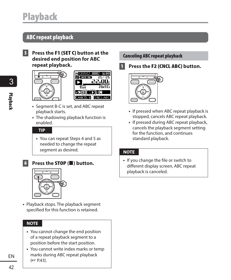 Playback, Abc repeat playback | Olympus WS833 User Manual | Page 42 / 118