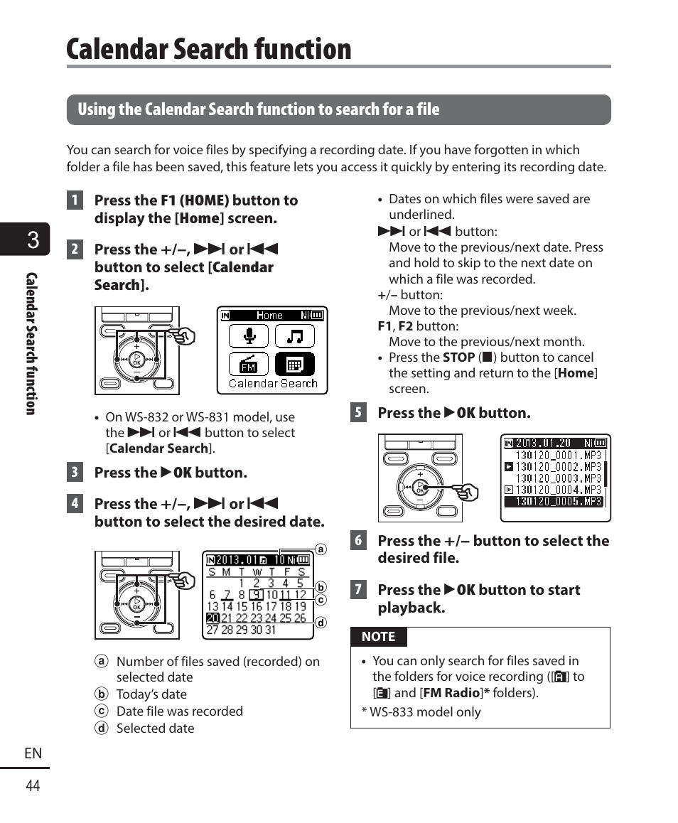 Calendar search function | Olympus WS833 User Manual | Page 44 / 118