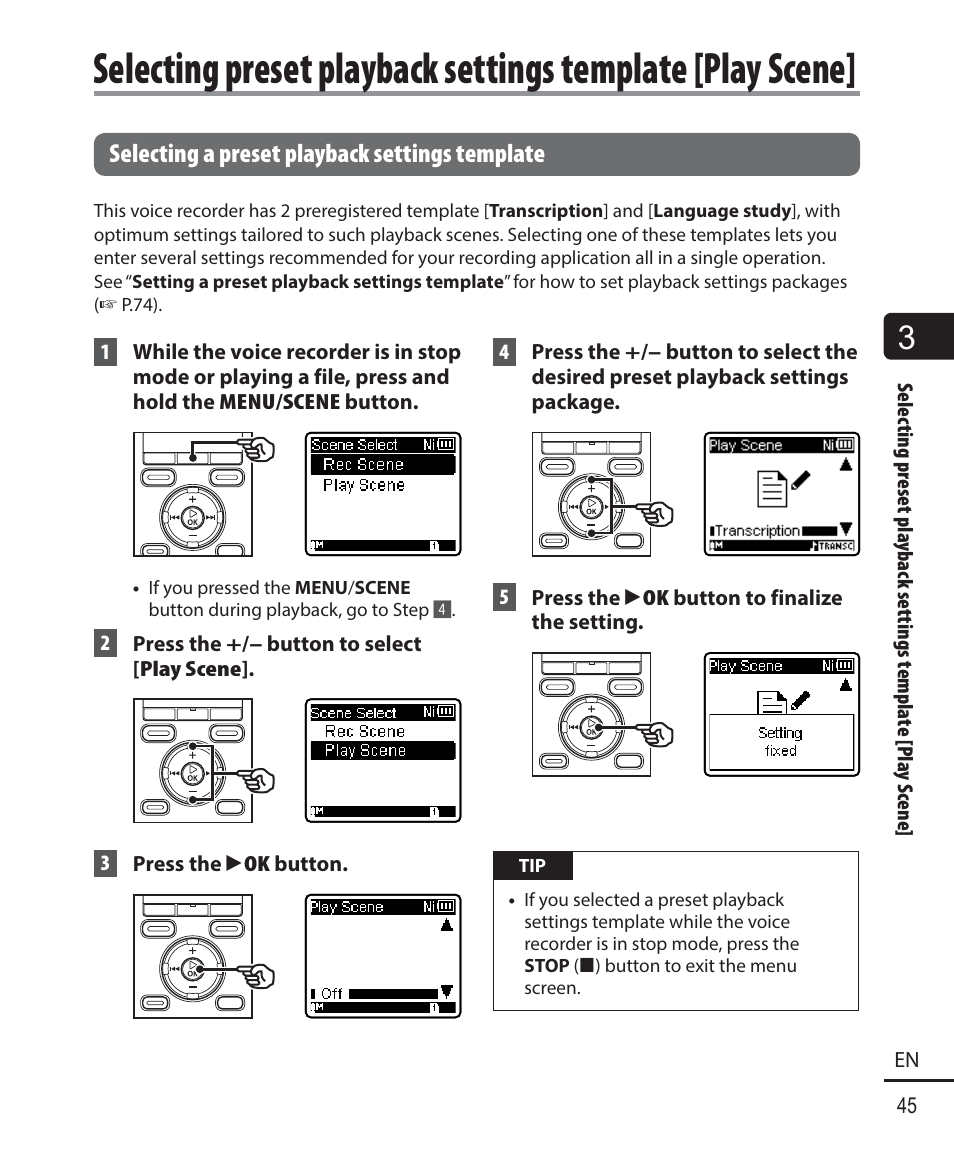 Selecting a preset playback settings template | Olympus WS833 User Manual | Page 45 / 118